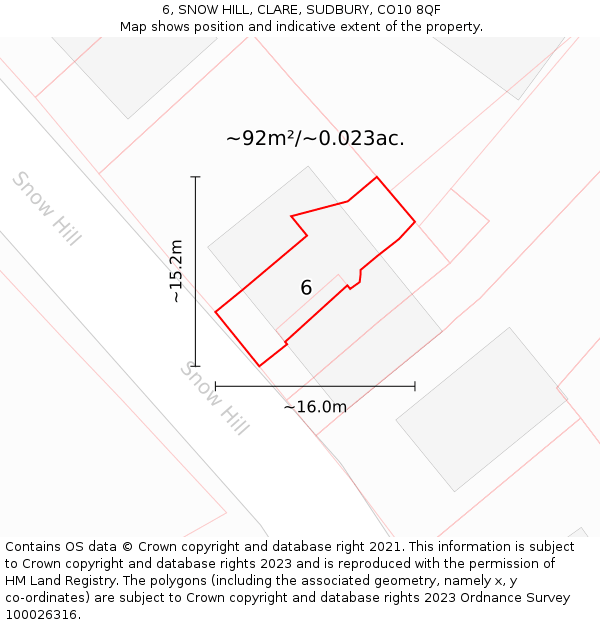 6, SNOW HILL, CLARE, SUDBURY, CO10 8QF: Plot and title map