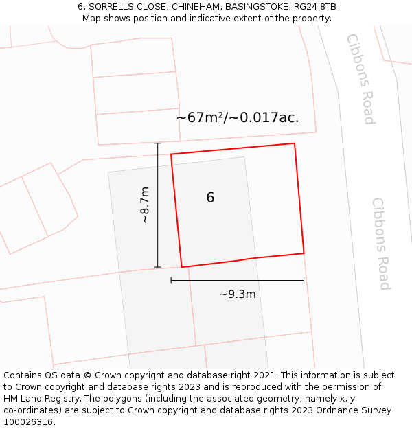 6, SORRELLS CLOSE, CHINEHAM, BASINGSTOKE, RG24 8TB: Plot and title map