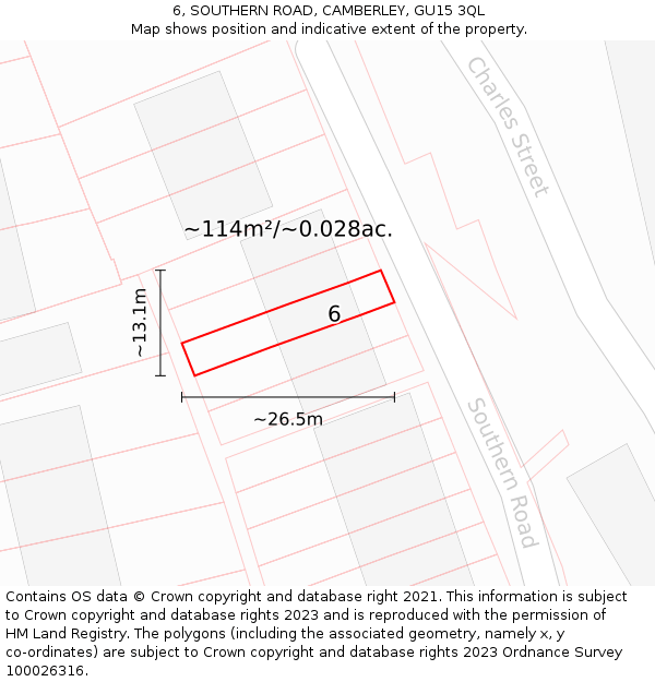 6, SOUTHERN ROAD, CAMBERLEY, GU15 3QL: Plot and title map