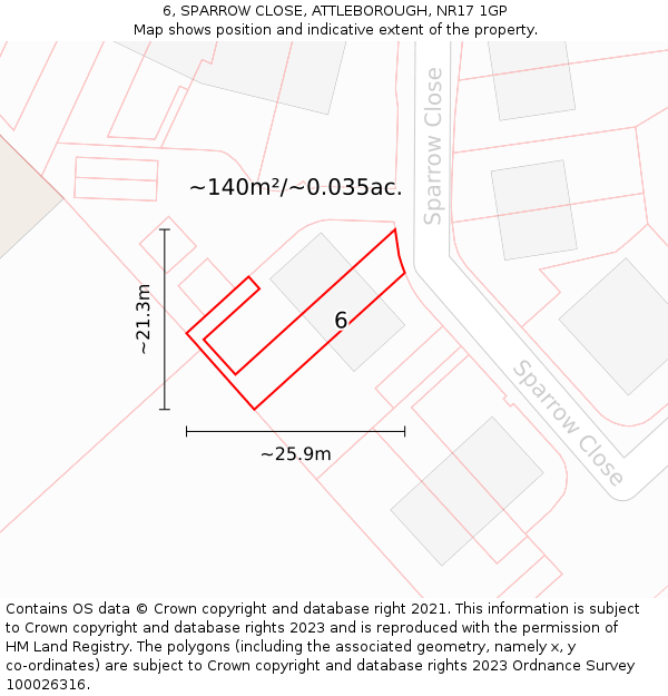 6, SPARROW CLOSE, ATTLEBOROUGH, NR17 1GP: Plot and title map