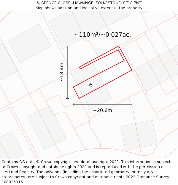 6, SPENCE CLOSE, HAWKINGE, FOLKESTONE, CT18 7NZ: Plot and title map