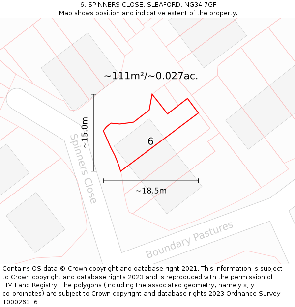 6, SPINNERS CLOSE, SLEAFORD, NG34 7GF: Plot and title map