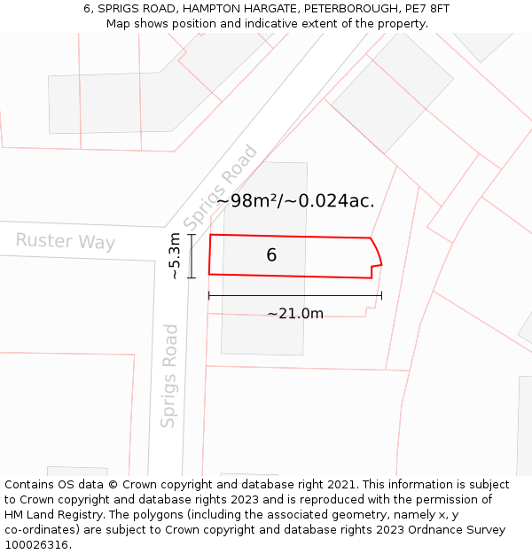 6, SPRIGS ROAD, HAMPTON HARGATE, PETERBOROUGH, PE7 8FT: Plot and title map