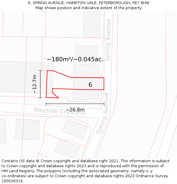 6, SPRING AVENUE, HAMPTON VALE, PETERBOROUGH, PE7 8HW: Plot and title map