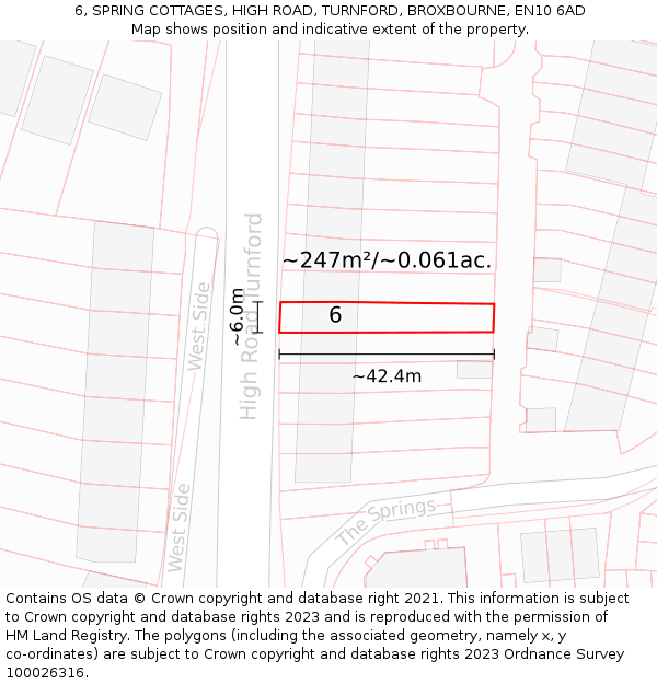 6, SPRING COTTAGES, HIGH ROAD, TURNFORD, BROXBOURNE, EN10 6AD: Plot and title map