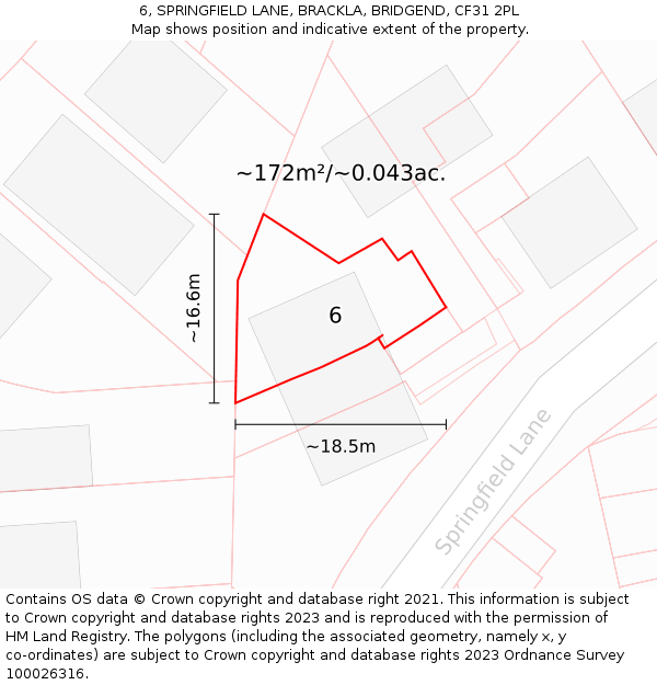 6, SPRINGFIELD LANE, BRACKLA, BRIDGEND, CF31 2PL: Plot and title map