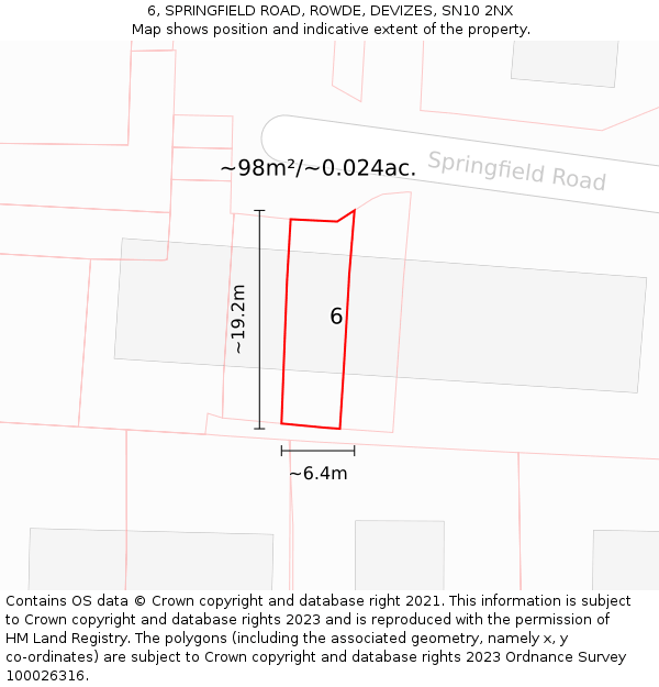 6, SPRINGFIELD ROAD, ROWDE, DEVIZES, SN10 2NX: Plot and title map