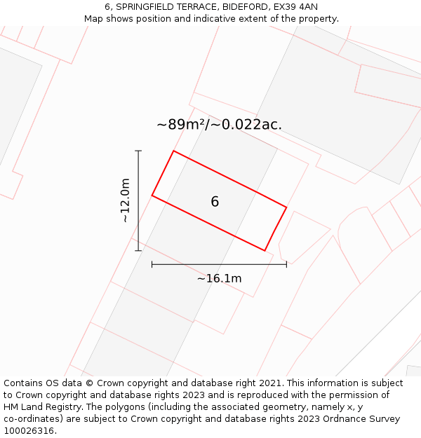 6, SPRINGFIELD TERRACE, BIDEFORD, EX39 4AN: Plot and title map