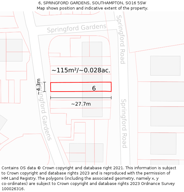 6, SPRINGFORD GARDENS, SOUTHAMPTON, SO16 5SW: Plot and title map