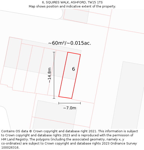 6, SQUIRES WALK, ASHFORD, TW15 1TS: Plot and title map