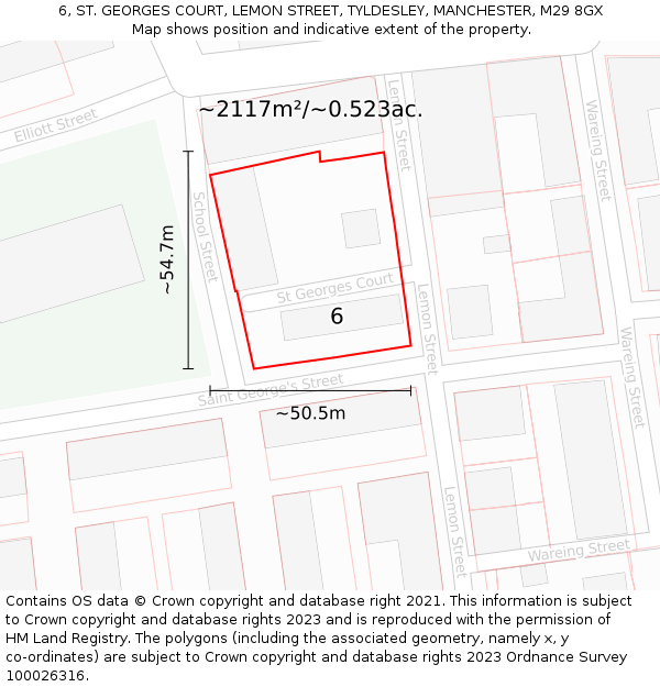 6, ST. GEORGES COURT, LEMON STREET, TYLDESLEY, MANCHESTER, M29 8GX: Plot and title map