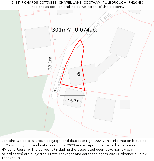 6, ST. RICHARDS COTTAGES, CHAPEL LANE, COOTHAM, PULBOROUGH, RH20 4JX: Plot and title map
