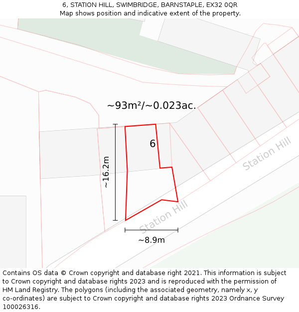 6, STATION HILL, SWIMBRIDGE, BARNSTAPLE, EX32 0QR: Plot and title map