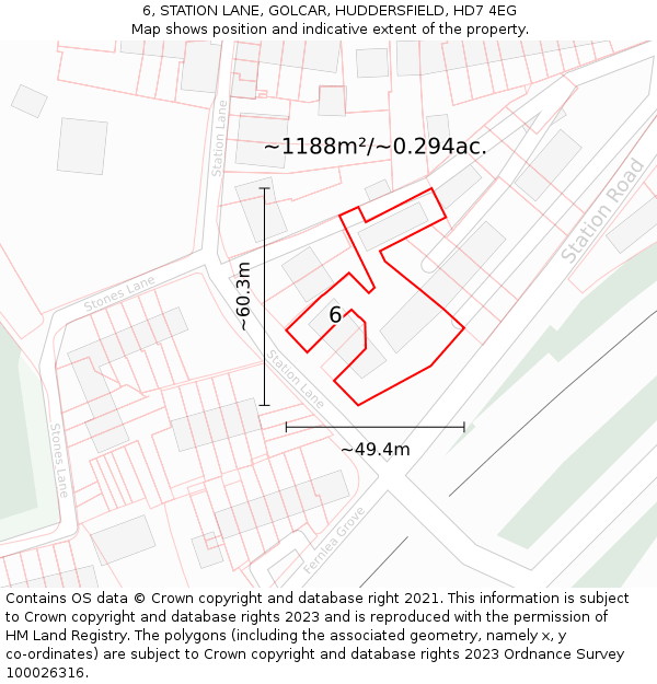 6, STATION LANE, GOLCAR, HUDDERSFIELD, HD7 4EG: Plot and title map
