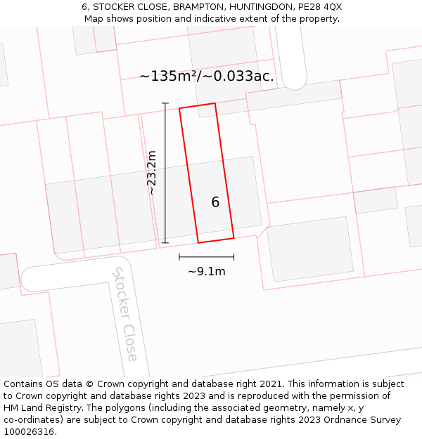 6, STOCKER CLOSE, BRAMPTON, HUNTINGDON, PE28 4QX: Plot and title map