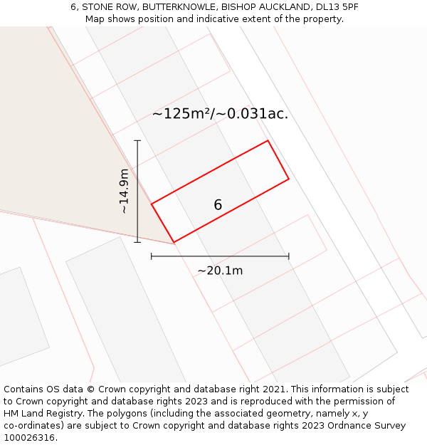 6, STONE ROW, BUTTERKNOWLE, BISHOP AUCKLAND, DL13 5PF: Plot and title map