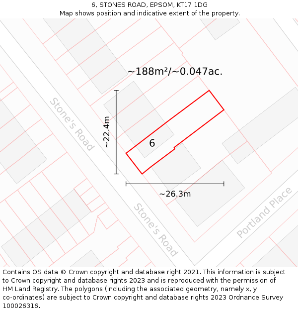 6, STONES ROAD, EPSOM, KT17 1DG: Plot and title map