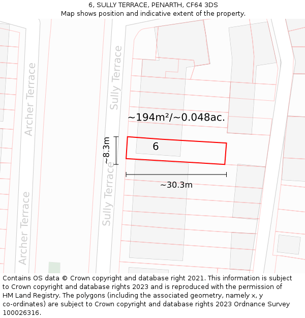 6, SULLY TERRACE, PENARTH, CF64 3DS: Plot and title map