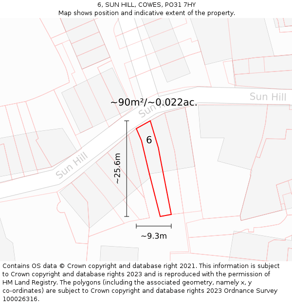 6, SUN HILL, COWES, PO31 7HY: Plot and title map
