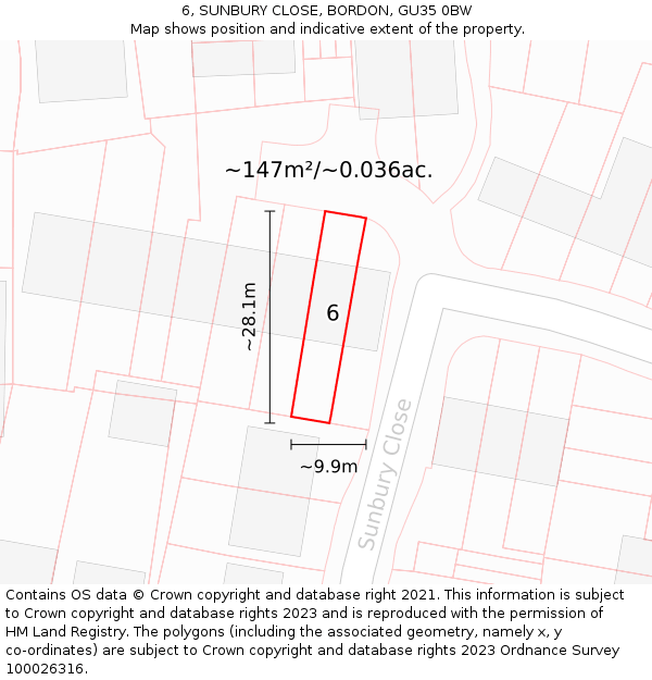 6, SUNBURY CLOSE, BORDON, GU35 0BW: Plot and title map