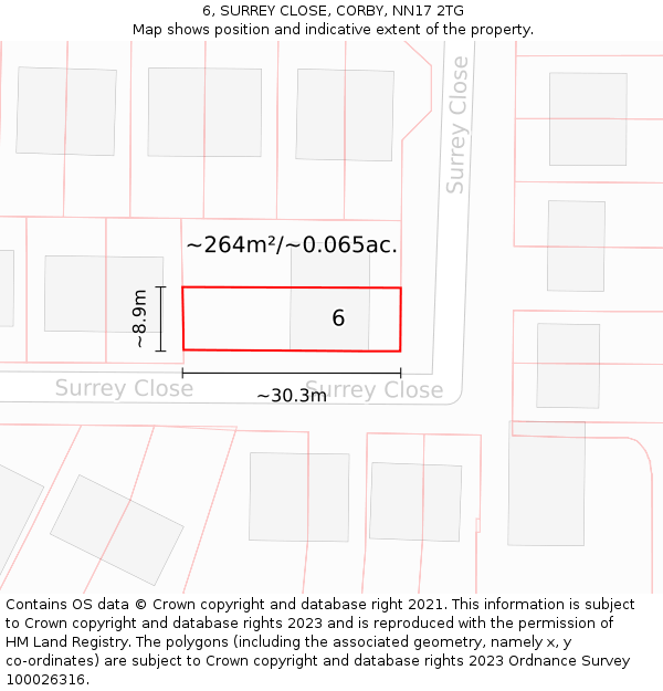 6, SURREY CLOSE, CORBY, NN17 2TG: Plot and title map
