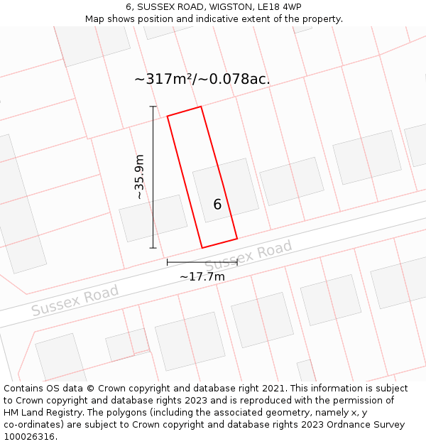 6, SUSSEX ROAD, WIGSTON, LE18 4WP: Plot and title map