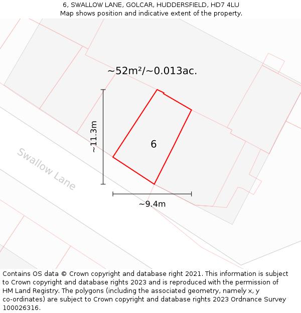 6, SWALLOW LANE, GOLCAR, HUDDERSFIELD, HD7 4LU: Plot and title map