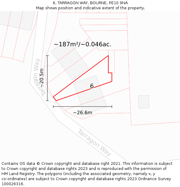 6, TARRAGON WAY, BOURNE, PE10 9NA: Plot and title map