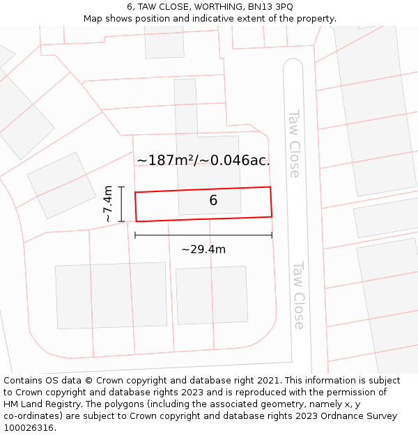 6, TAW CLOSE, WORTHING, BN13 3PQ: Plot and title map