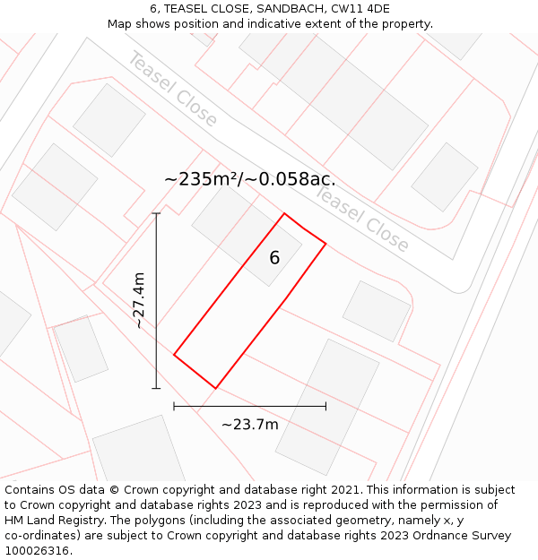 6, TEASEL CLOSE, SANDBACH, CW11 4DE: Plot and title map
