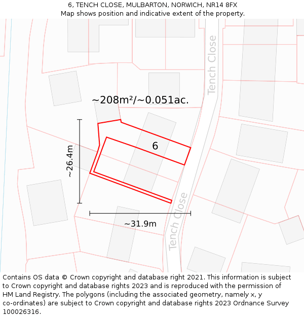 6, TENCH CLOSE, MULBARTON, NORWICH, NR14 8FX: Plot and title map