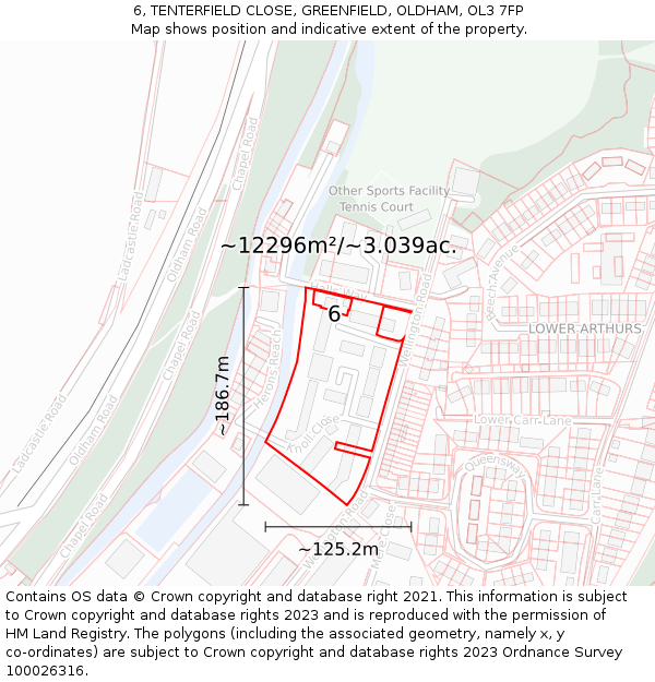 6, TENTERFIELD CLOSE, GREENFIELD, OLDHAM, OL3 7FP: Plot and title map