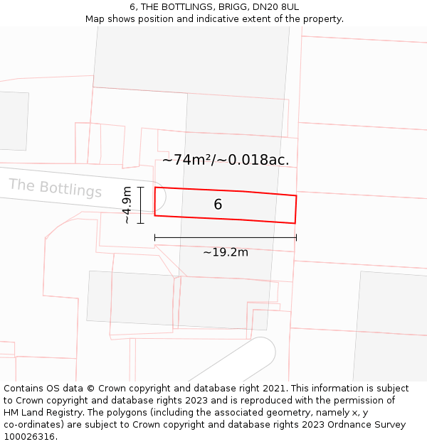 6, THE BOTTLINGS, BRIGG, DN20 8UL: Plot and title map