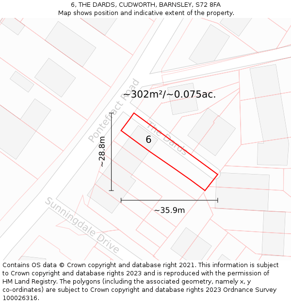 6, THE DARDS, CUDWORTH, BARNSLEY, S72 8FA: Plot and title map