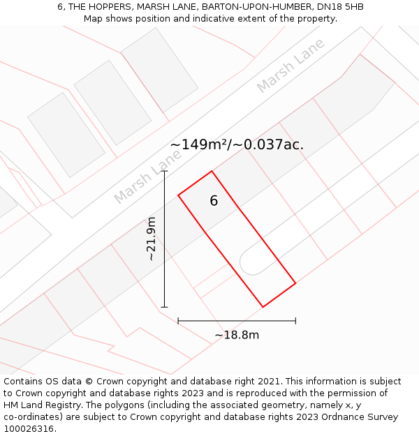 6, THE HOPPERS, MARSH LANE, BARTON-UPON-HUMBER, DN18 5HB: Plot and title map