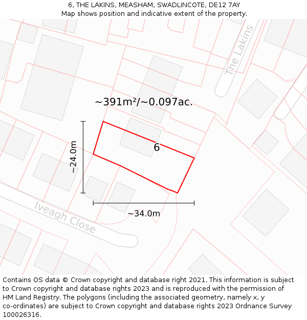 6, THE LAKINS, MEASHAM, SWADLINCOTE, DE12 7AY: Plot and title map