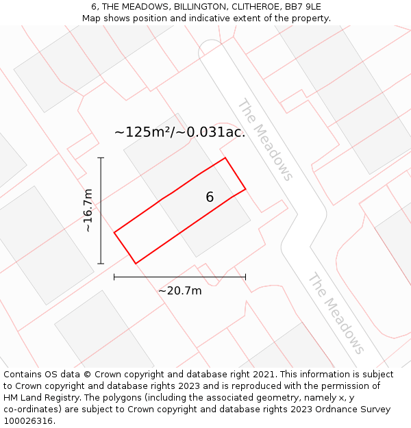 6, THE MEADOWS, BILLINGTON, CLITHEROE, BB7 9LE: Plot and title map