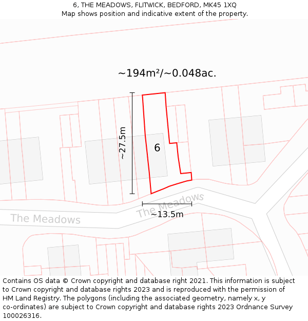 6, THE MEADOWS, FLITWICK, BEDFORD, MK45 1XQ: Plot and title map