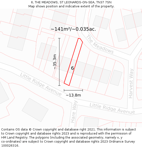 6, THE MEADOWS, ST LEONARDS-ON-SEA, TN37 7SN: Plot and title map