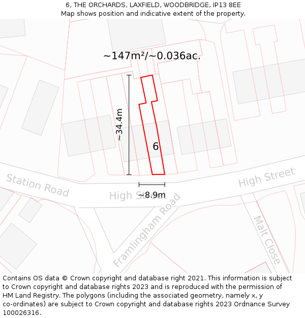 6, THE ORCHARDS, LAXFIELD, WOODBRIDGE, IP13 8EE: Plot and title map