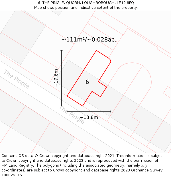 6, THE PINGLE, QUORN, LOUGHBOROUGH, LE12 8FQ: Plot and title map