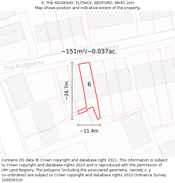 6, THE RIDGEWAY, FLITWICK, BEDFORD, MK45 1DH: Plot and title map