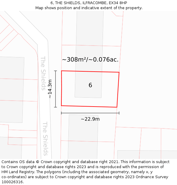 6, THE SHIELDS, ILFRACOMBE, EX34 8HP: Plot and title map