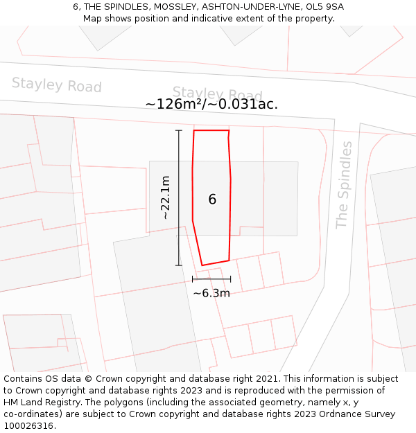 6, THE SPINDLES, MOSSLEY, ASHTON-UNDER-LYNE, OL5 9SA: Plot and title map