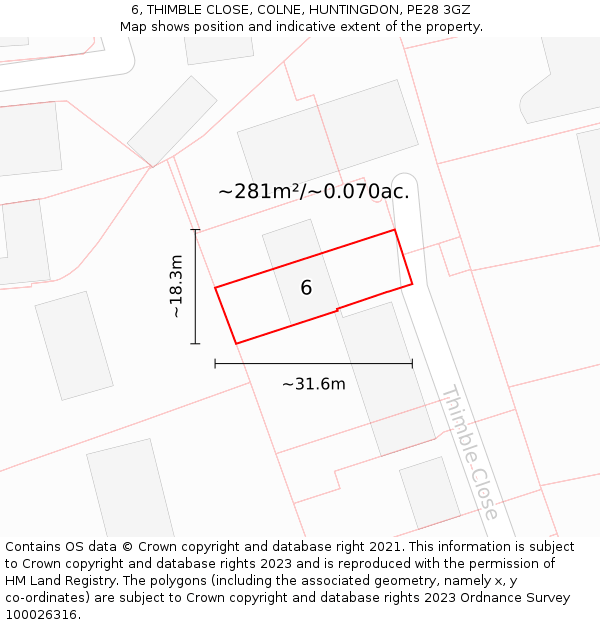 6, THIMBLE CLOSE, COLNE, HUNTINGDON, PE28 3GZ: Plot and title map