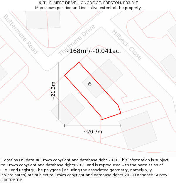 6, THIRLMERE DRIVE, LONGRIDGE, PRESTON, PR3 3LE: Plot and title map