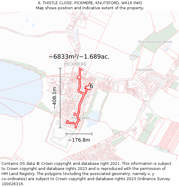 6, THISTLE CLOSE, PICKMERE, KNUTSFORD, WA16 0WG: Plot and title map