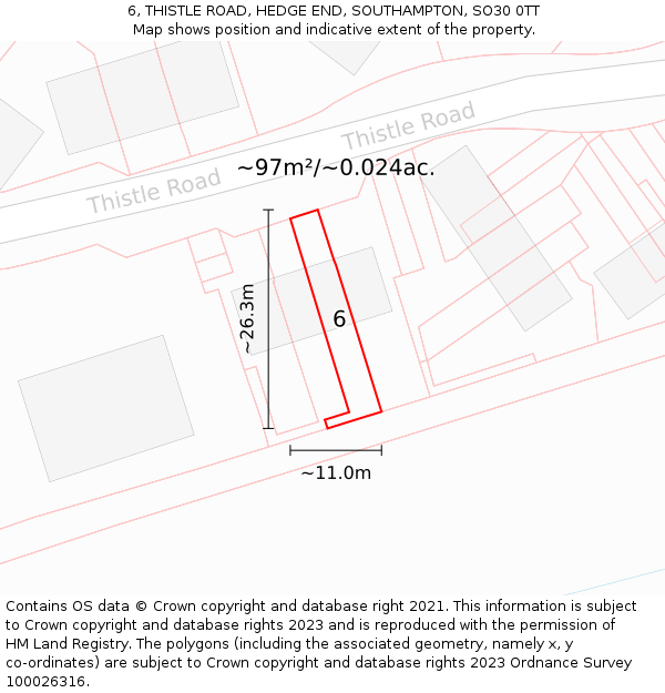 6, THISTLE ROAD, HEDGE END, SOUTHAMPTON, SO30 0TT: Plot and title map