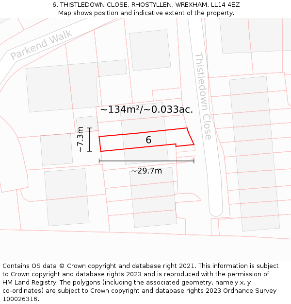 6, THISTLEDOWN CLOSE, RHOSTYLLEN, WREXHAM, LL14 4EZ: Plot and title map