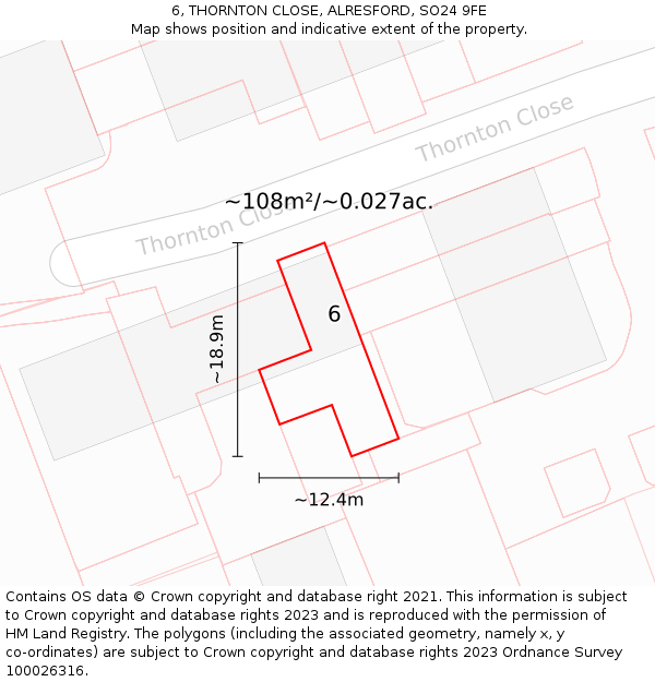 6, THORNTON CLOSE, ALRESFORD, SO24 9FE: Plot and title map